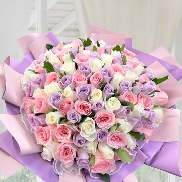 99 Pastel Colors Mixed Roses Hand Bouquet