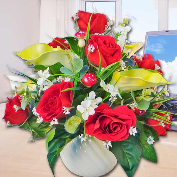 Artificial Lilies and Red Roses Arrangement