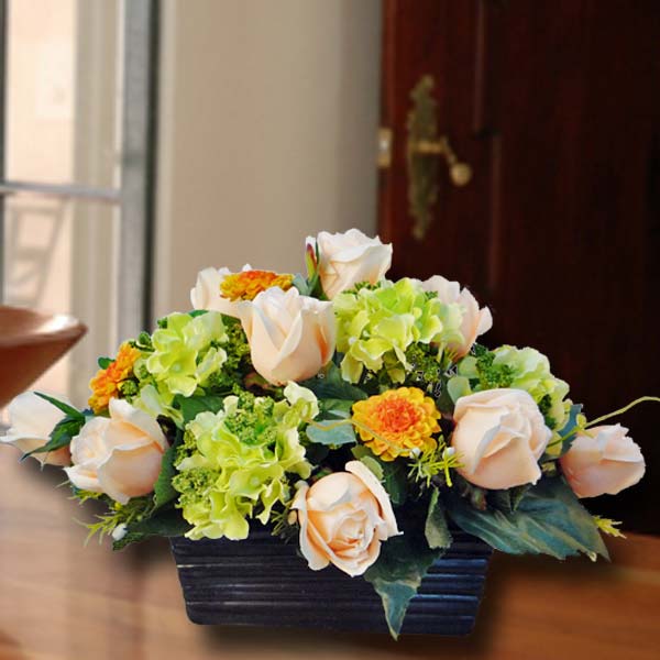 Artificial Champagne Roses with Green Hydrangeas Table Arrangement