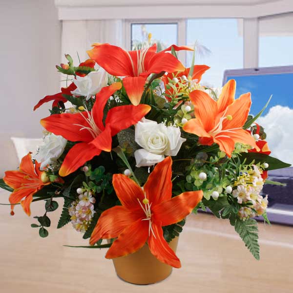 Artificial Orange Lilies &amp; White Roses Table Arrangement