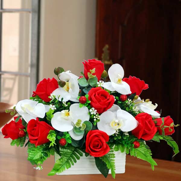 Artificial Phalaenopsis Orchid &amp; Red Roses Flowers Table Arrangement