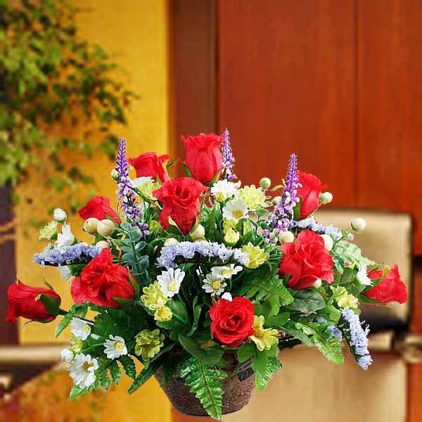 Artificial Red Roses With Forget-Me-Not Table Arrangement