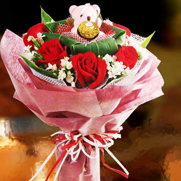 6 Red Roses with Bear &amp; Ferrero Rocher at centre