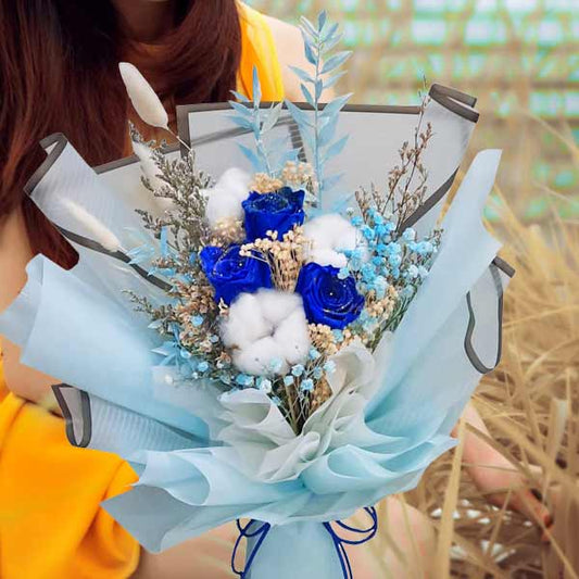 3 Preserved Blue Roses & 3 Cotton Flowers Hand Bouquet