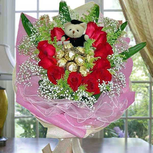 11 Red Roses with 9 Ferrero Rocher and Graduation Bear Hand Bouquet