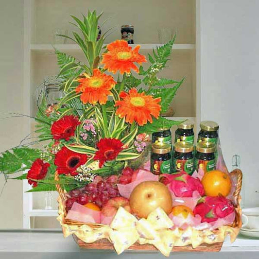 6 Chicken Essence & Fruits With 6 Gerbera Mixed Arrangement