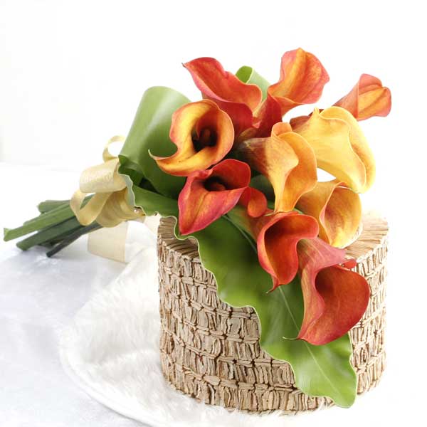 10 Orange Cala Lilies Handbouquet with Bird&#39;s Nest Fern