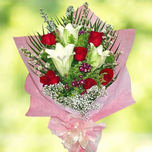 3 lily 6 red Roses Handbouquet