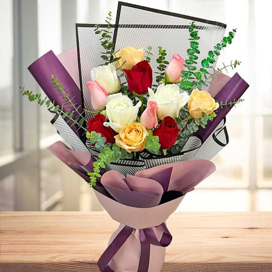 12 Mixed Roses Modern Front Facing Hand-Tied Bouquet