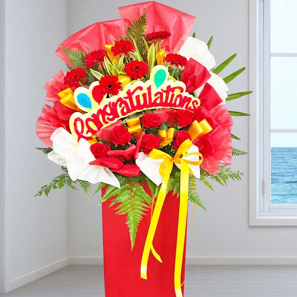 Artificial Red Roses &amp; Fresh Gerbera Flowers Grand Opening Stand