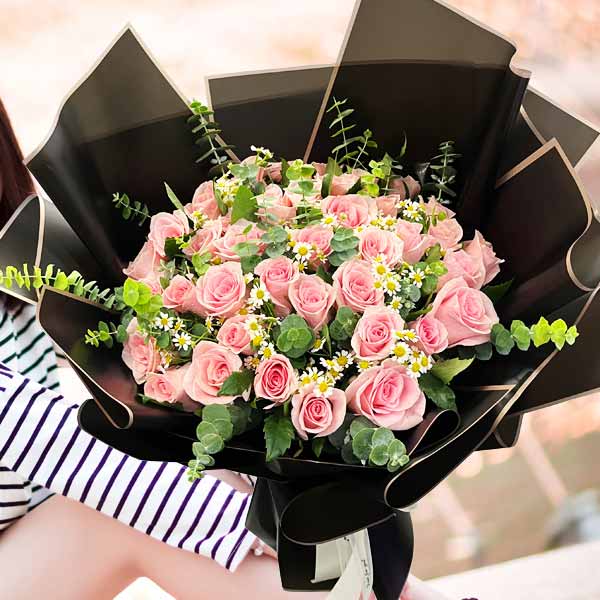 38 Peach Roses with Baby&#39;s Breath Hand Bouquet