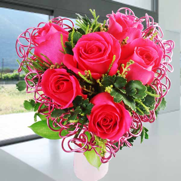 6 Hot Pink Roses With Heart-Shape Wire Mesh Standing Bouquet