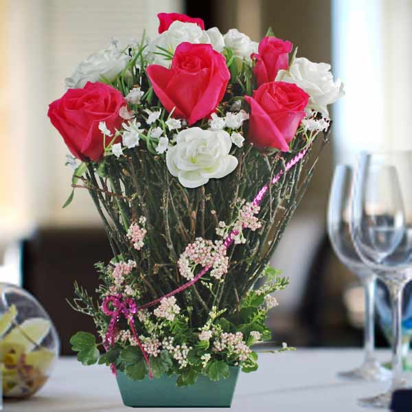 5 Hot Pink Roses With Twigs Standing Bouquet