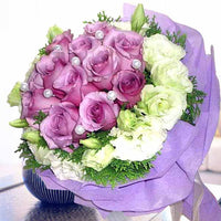 12 Purple Roses Hand Bouquet With White Eustoma