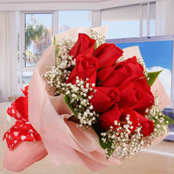 12 Red Roses Posy With Baby Breath