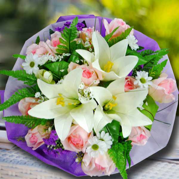 Artificial White Lilies &amp; Roses Hand Bouquet