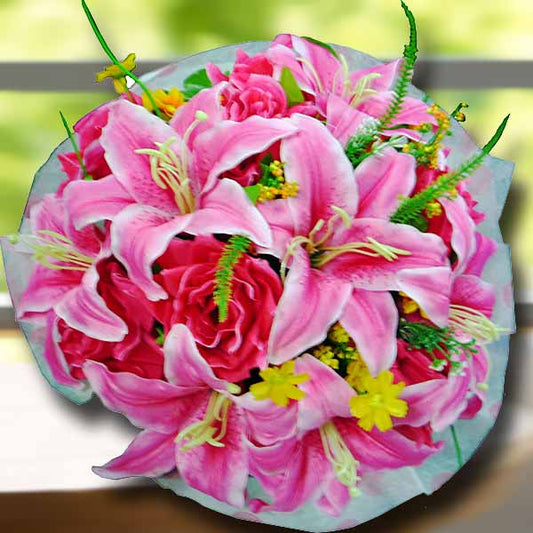 Artificial Pink Lilies & Roses Hand Bouquet