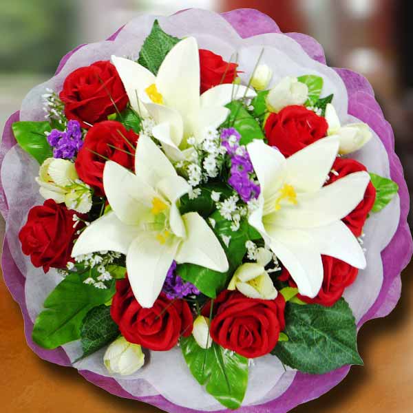 Artificial White Lilies & Red Roses Bouquet