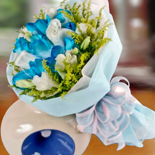 12 Blue Roses with White Eustoma Handbouquet