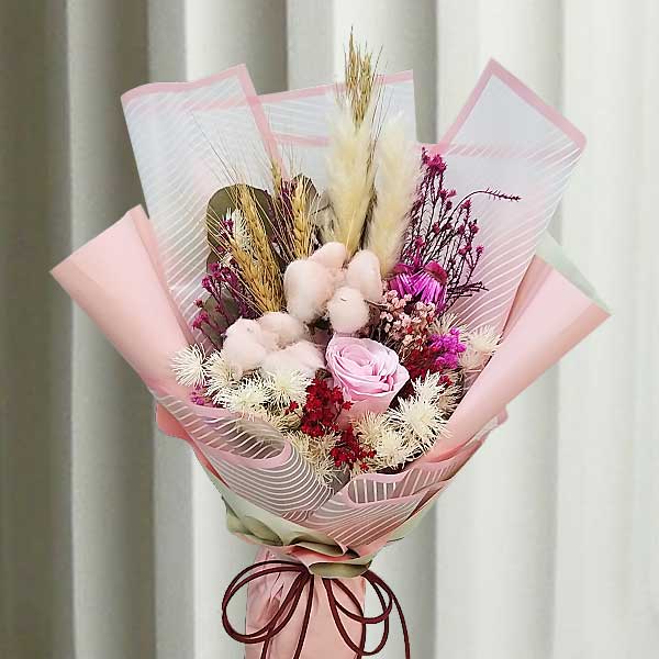 Preserved Pink Rose With Cotton Flowers &amp; Dried Flowers Hand Bouquet