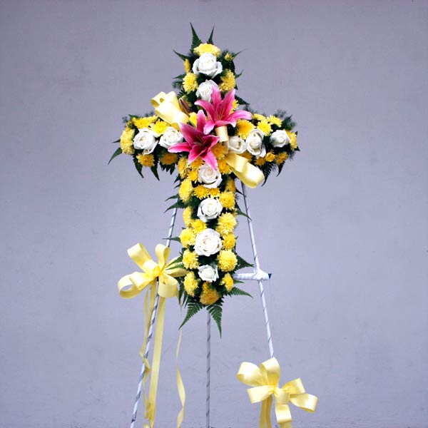 PomPom Yellow &amp; White Roses with Pink Lily Funeral Cross Stand