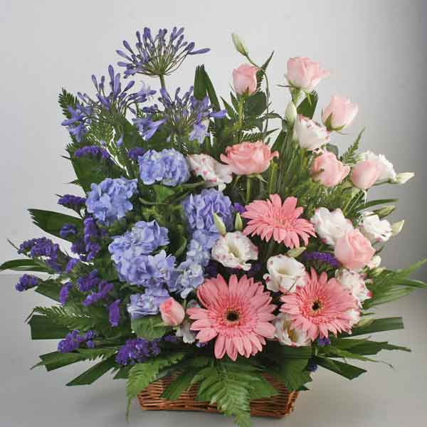 Blue Hydrangeas &amp; Pink Gerbera Table Basket Arrangement