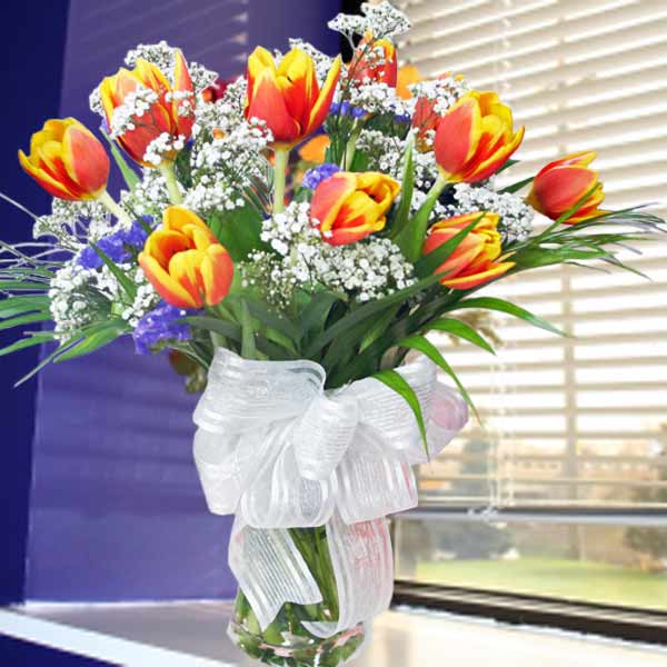 10 two-tone yellow/red Tulips with vase