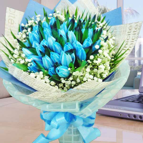 38 Blue Tulips Hand Bouquet