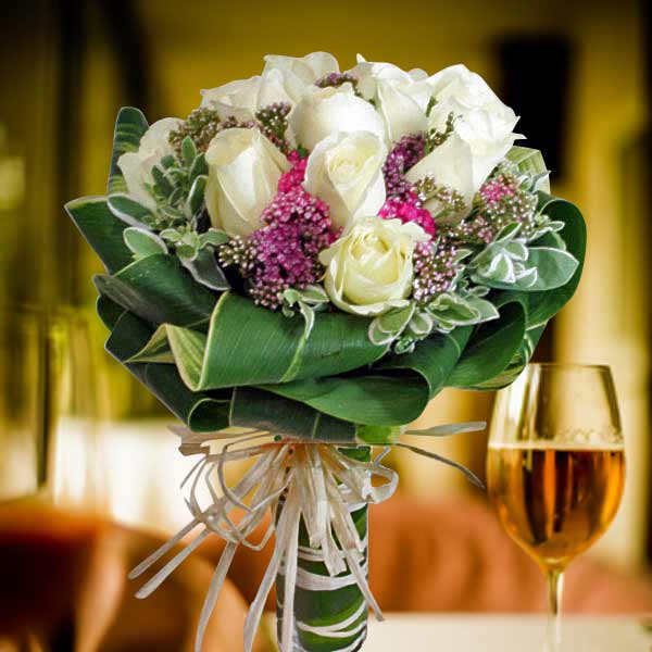 12 White Roses with Pink Sweet-william and special decoration of