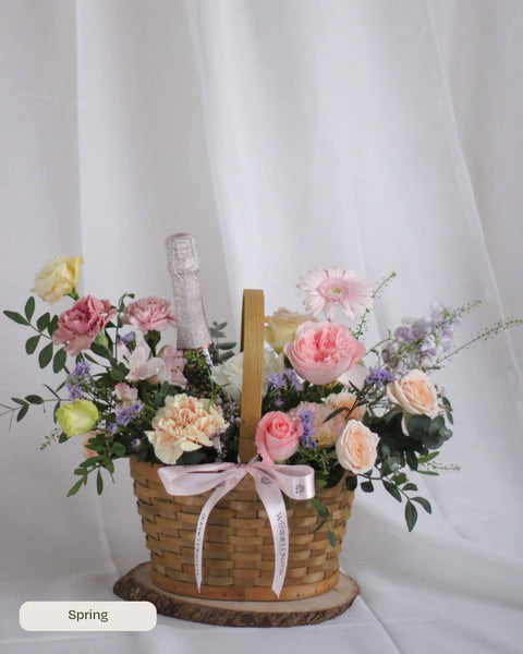 Daily Surprise in a Basket - Fresh Flowers & Celebratory Cheers