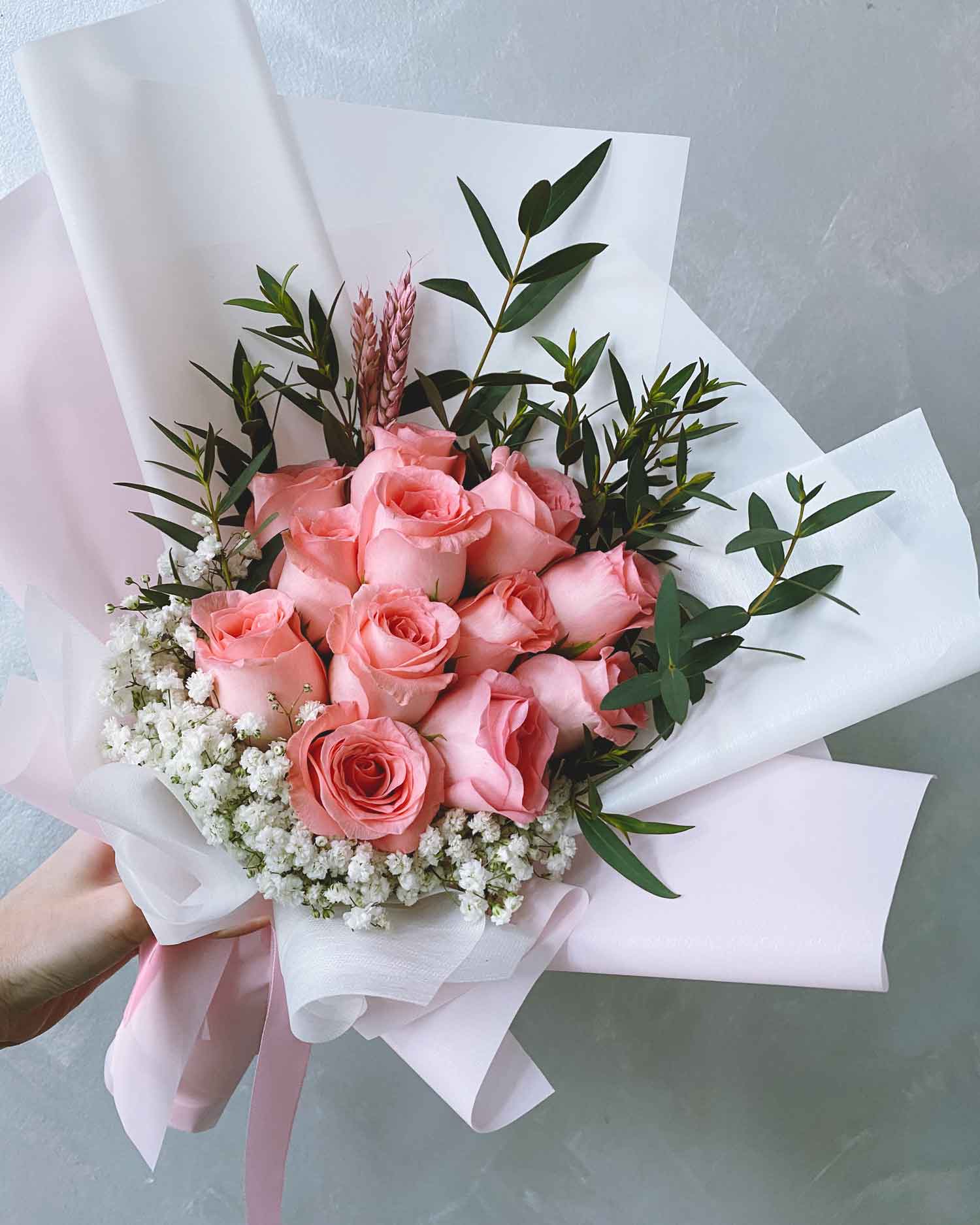 Pink Rose Bouquet With Baby Breath