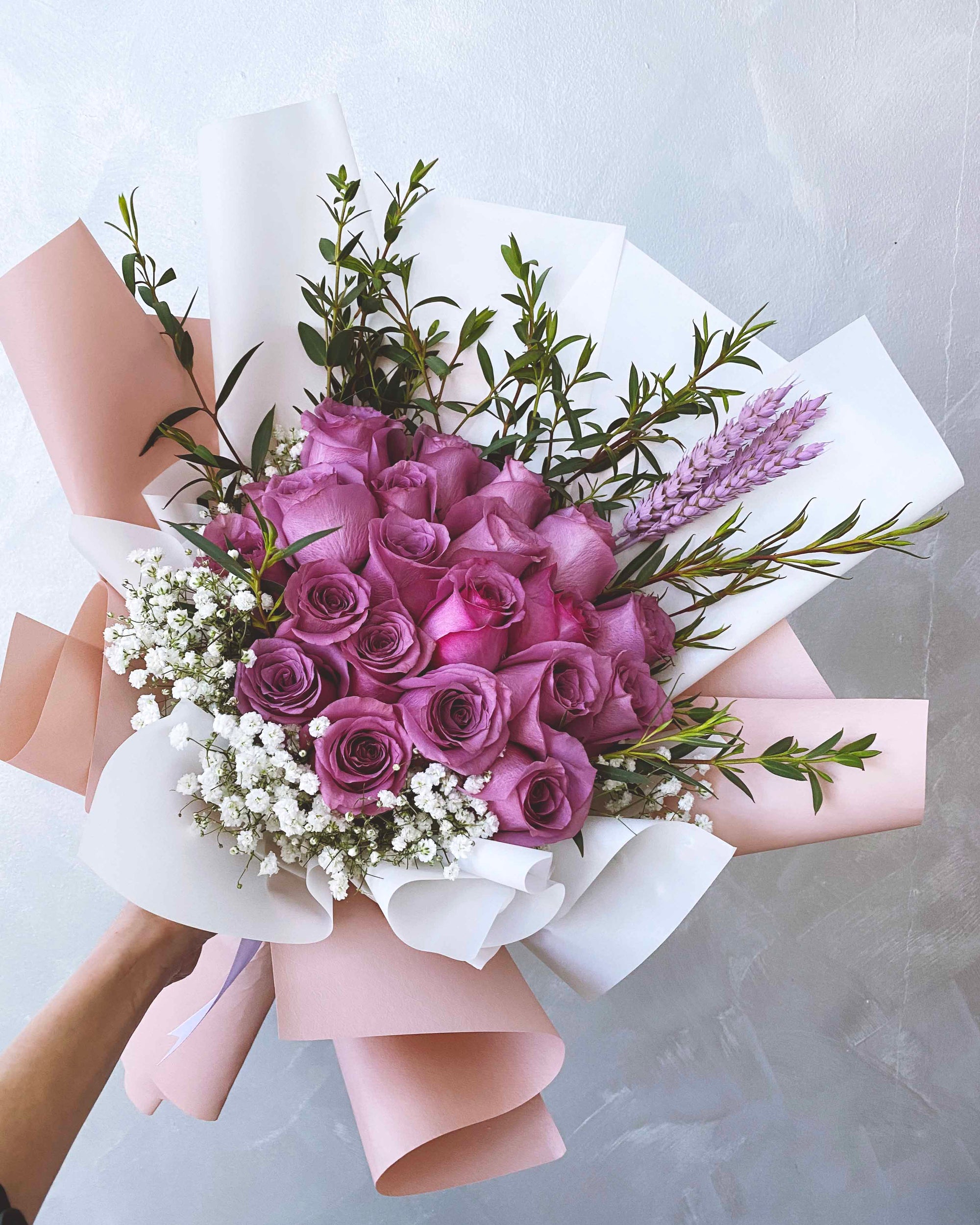 Purple Rose Bouquet With Baby Breath