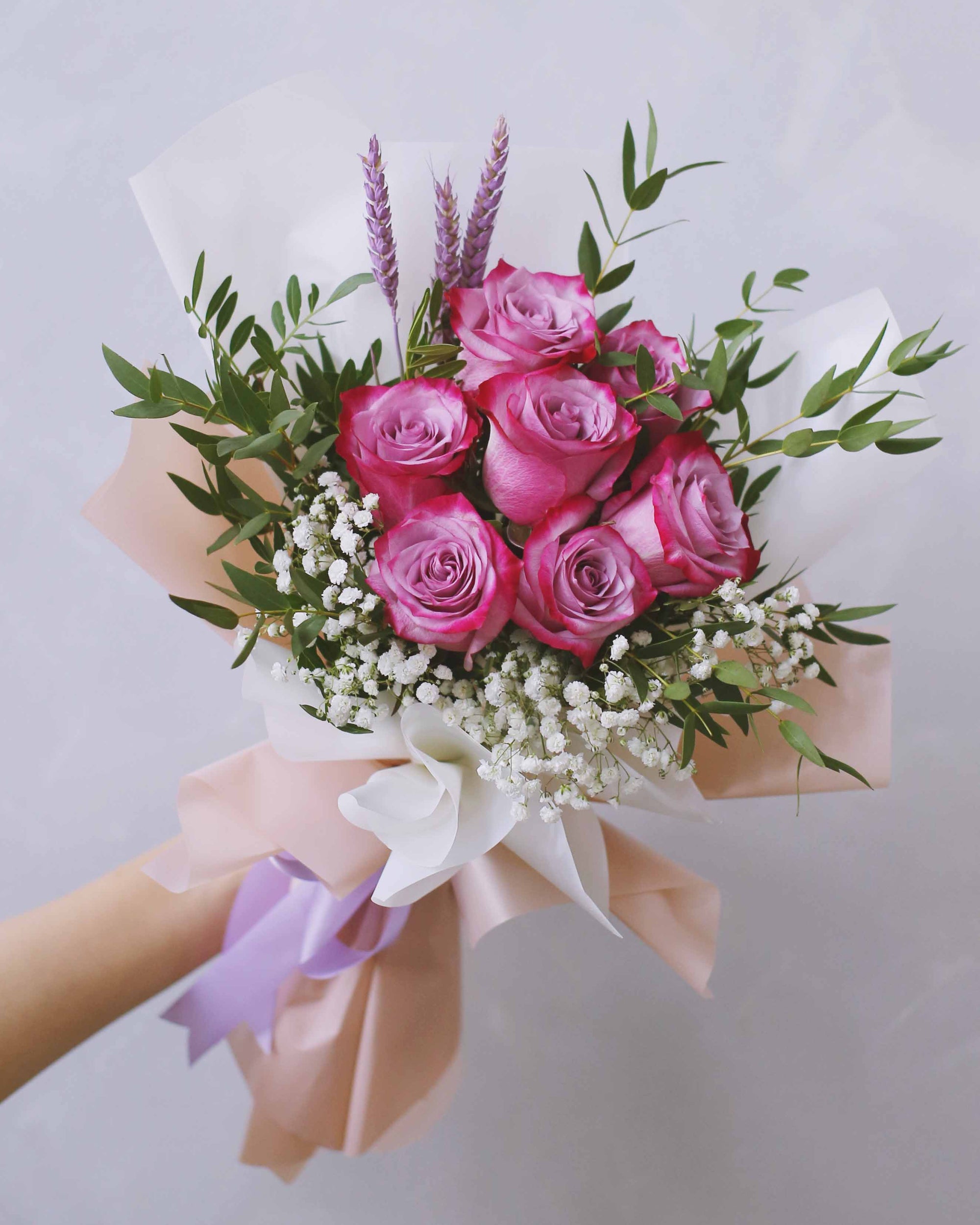 Purple Rose Bouquet With Baby Breath