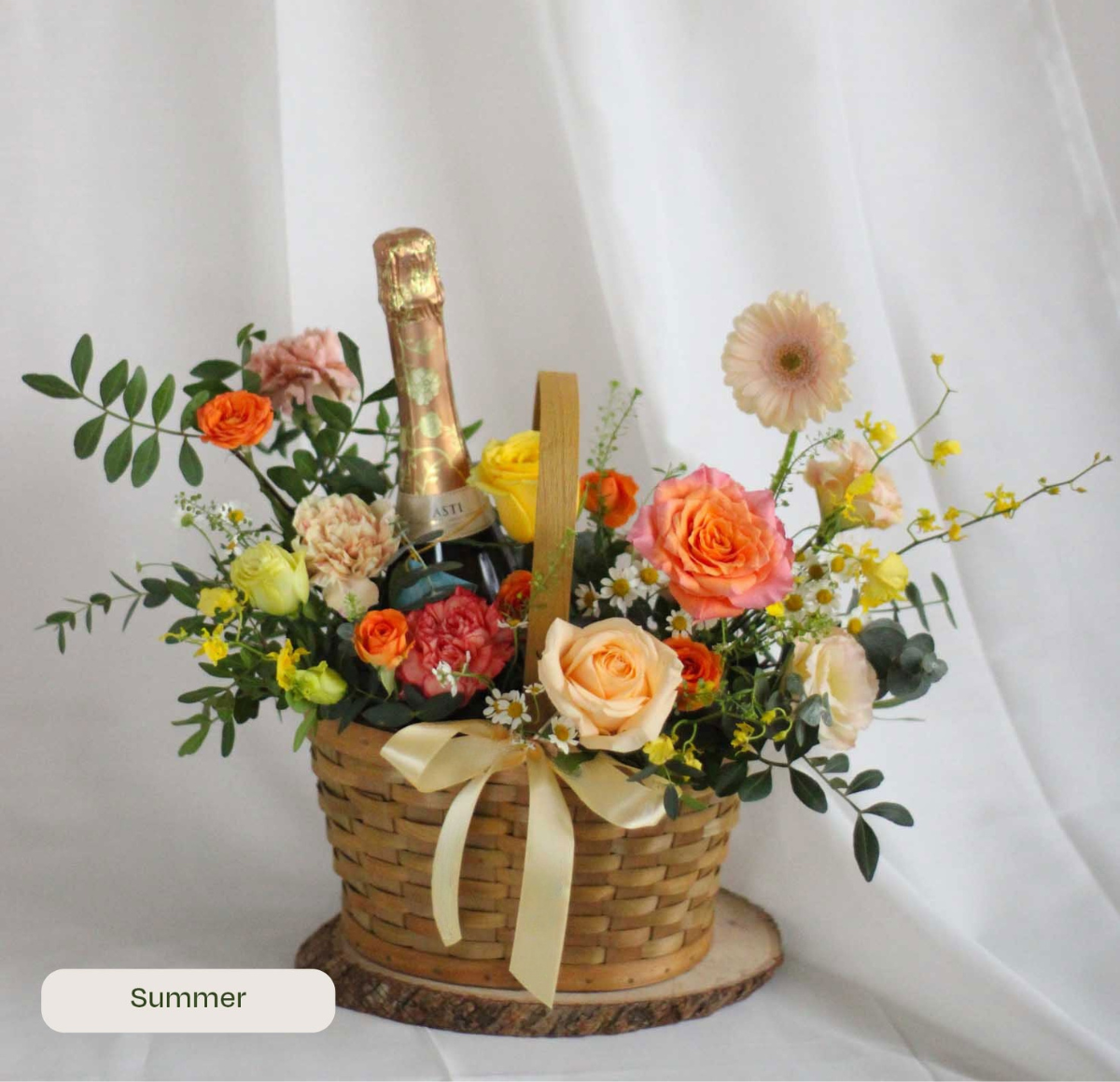 Daily Surprise in a Basket - Fresh Flowers & Celebratory Cheers