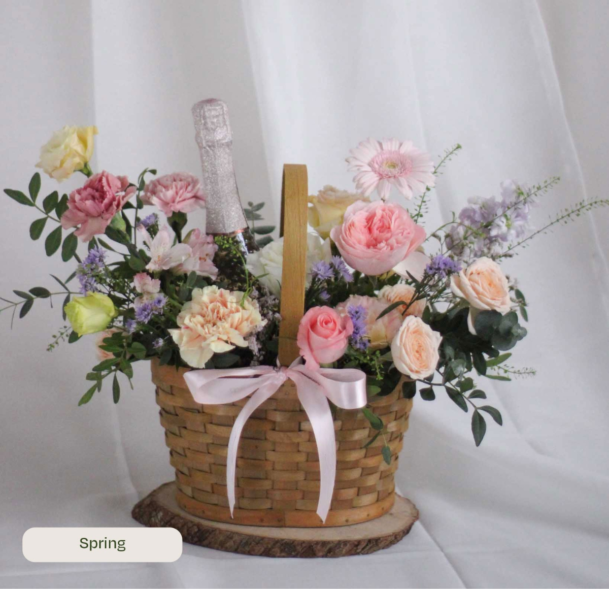 Daily Surprise in a Basket - Fresh Flowers & Celebratory Cheers